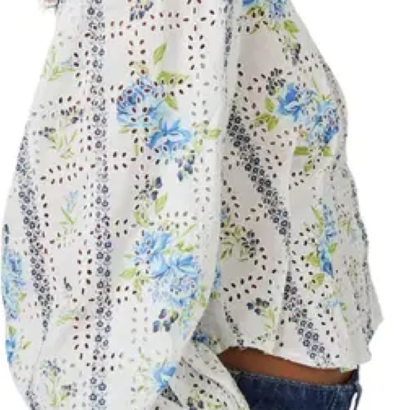 Free People - Floral Blossom Eyelet Blouse - White and Blue - Picture 2 of 8